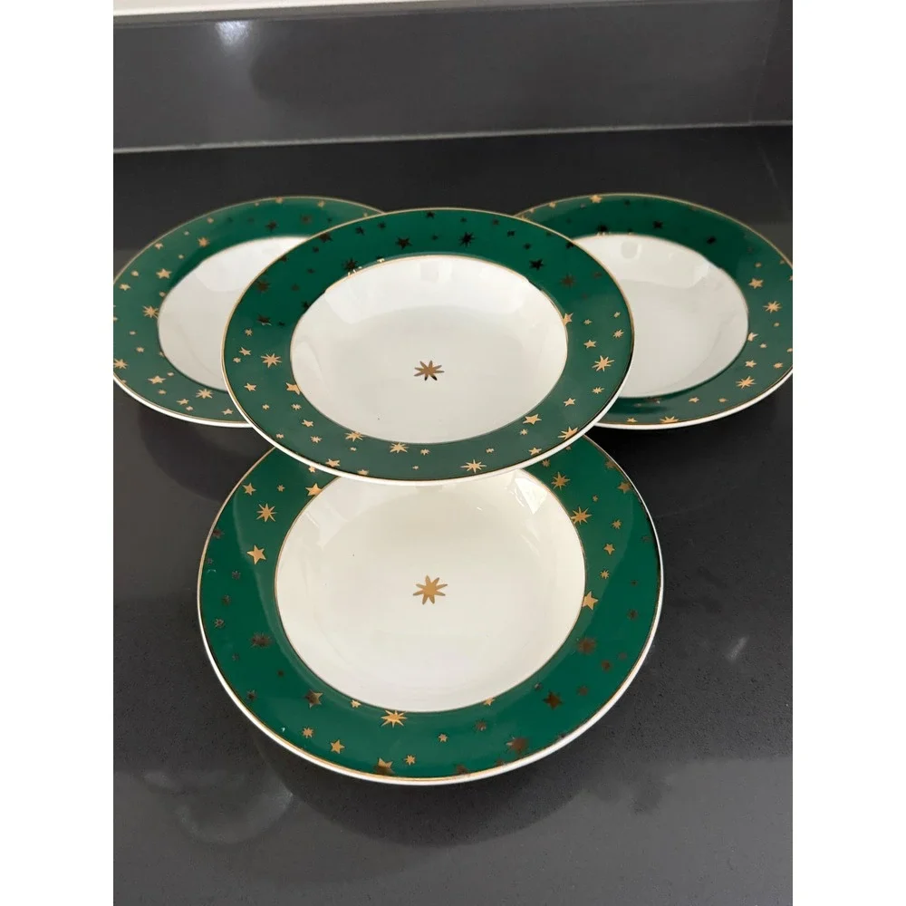 Vtg Sakura Galaxy Fine Porcelain Bowls Set of 4 Green 14k Gold‎ Stars Celestial